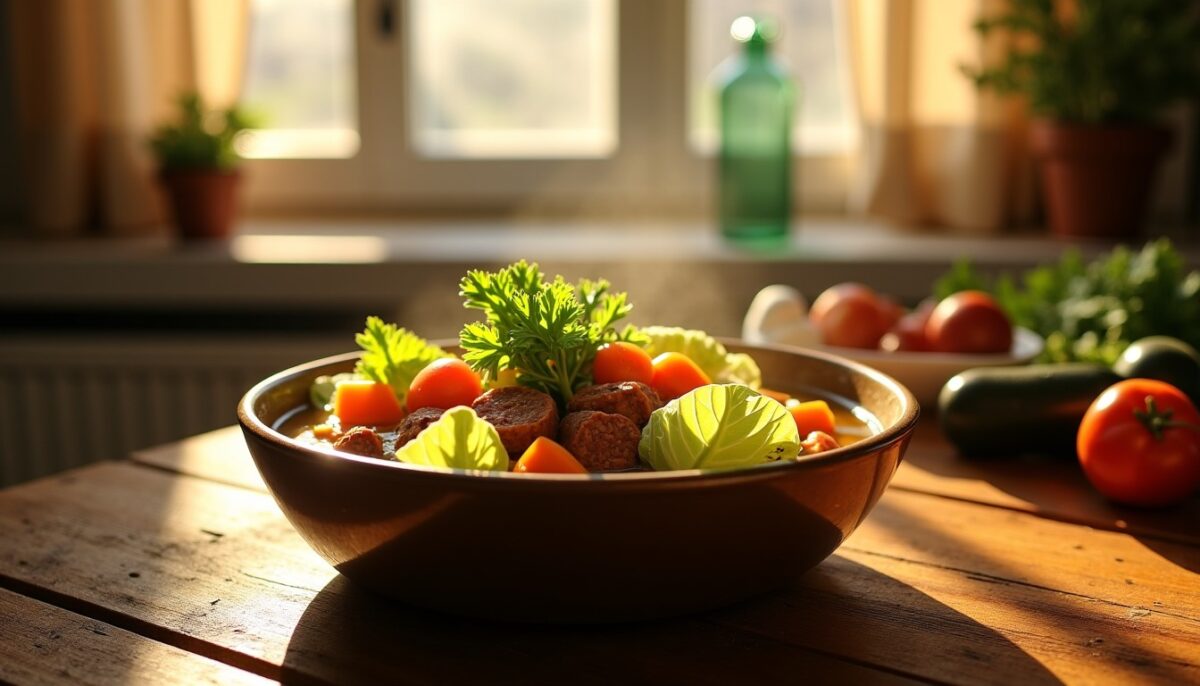 Délicieux ragoût léger au chou, carottes croquantes et saucisse fumée de Morteau