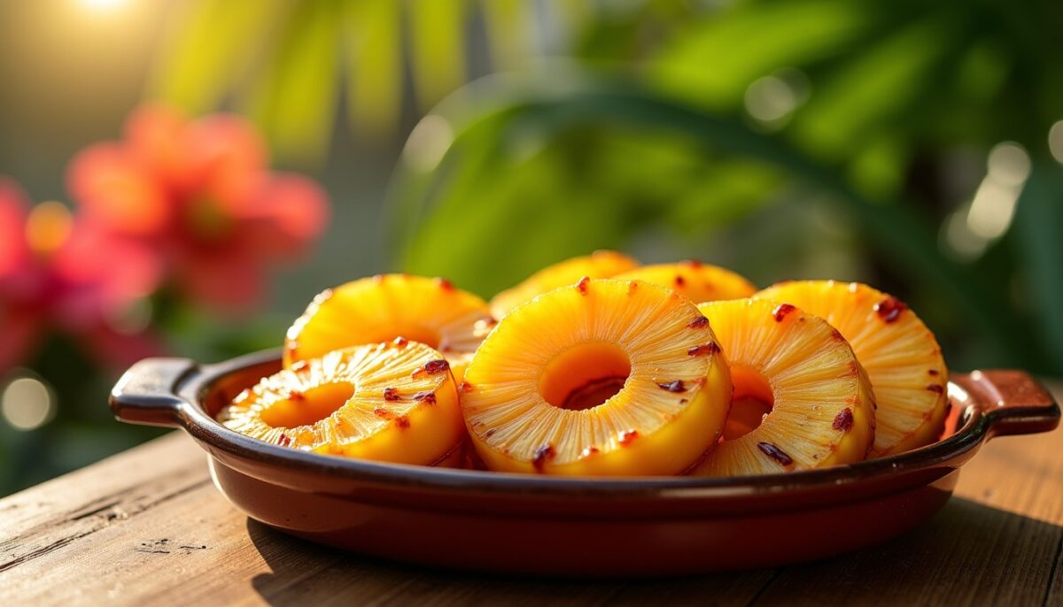 Poêlée tropicale : ananas caramélisé au rhum et sucre de canne pour une explosion de saveurs