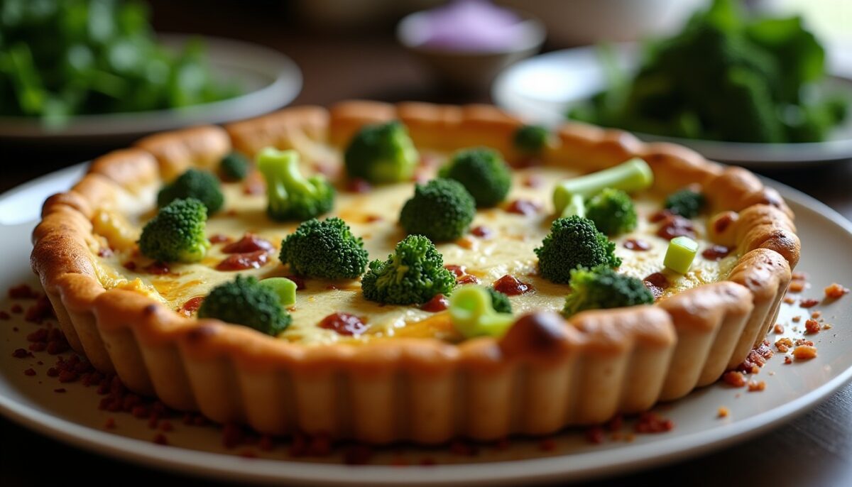 Délice croustillant : Quiche au brocoli, chèvre fondant et lardons fumés